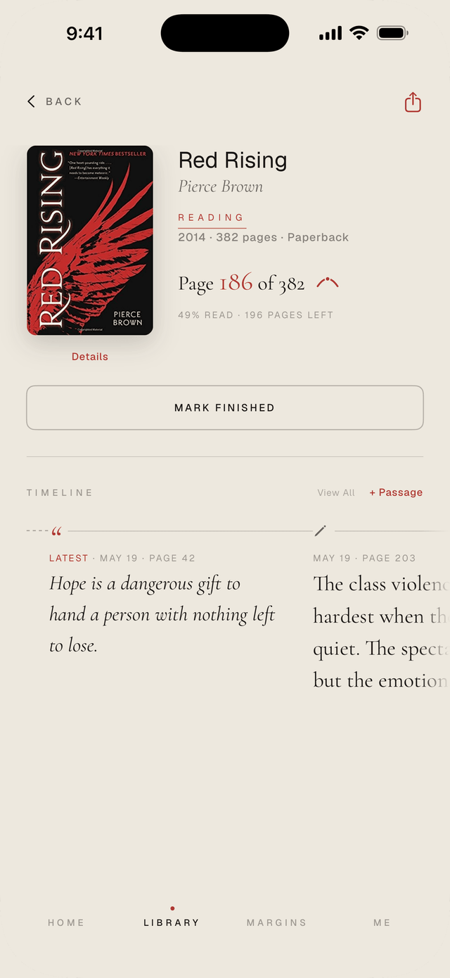 A book's page, with its Timeline of the reading