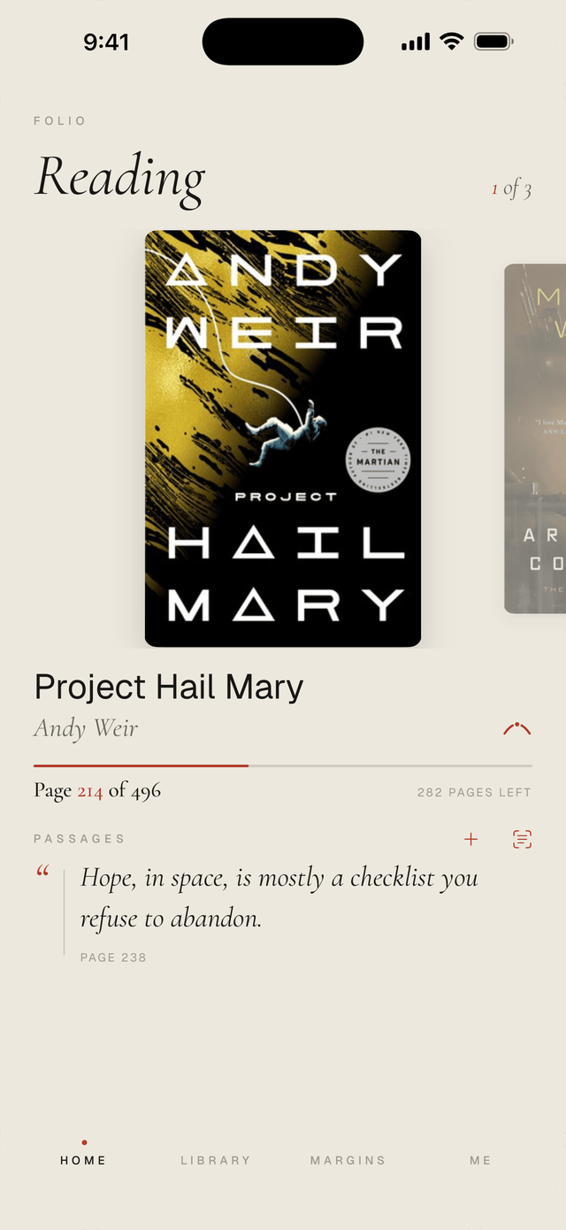 Folio's Home screen, with the book you're reading, your page, and your latest passage