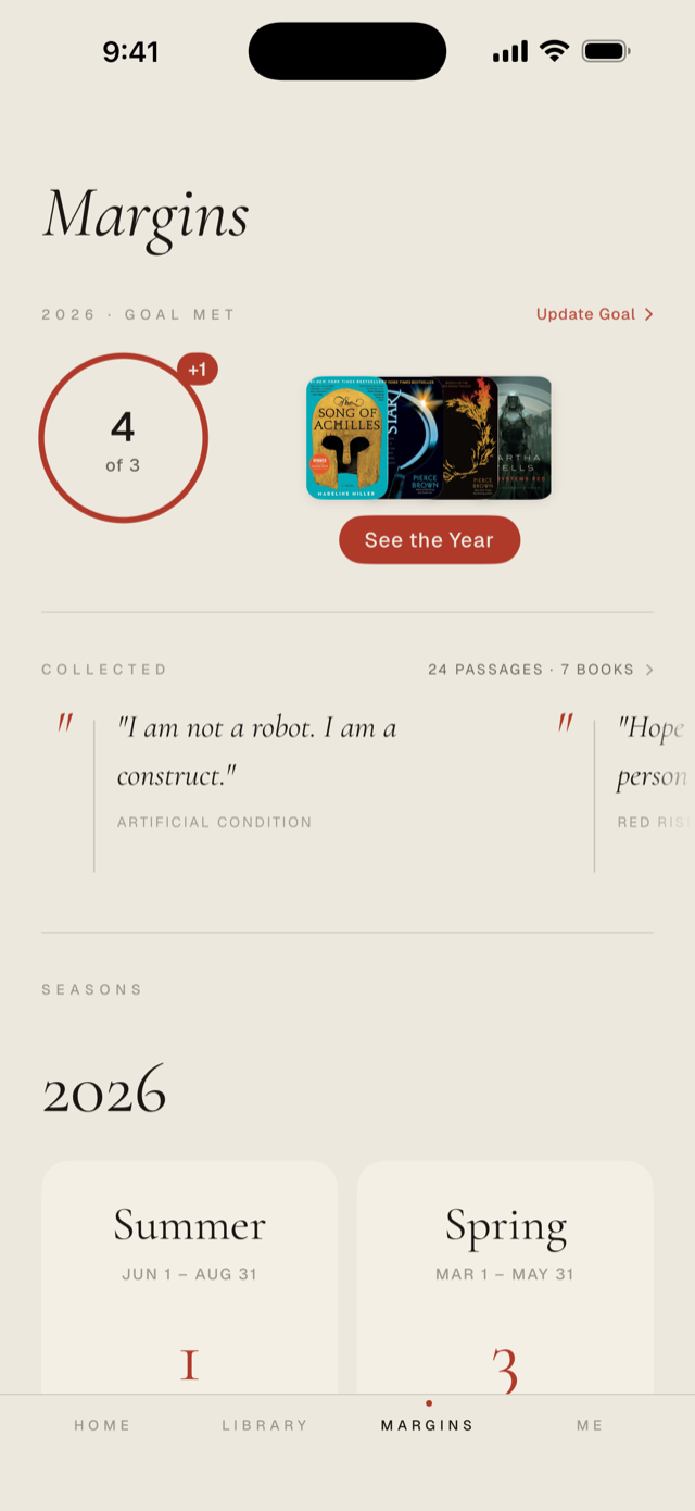 The Margins screen, the reading year with its goal and seasons