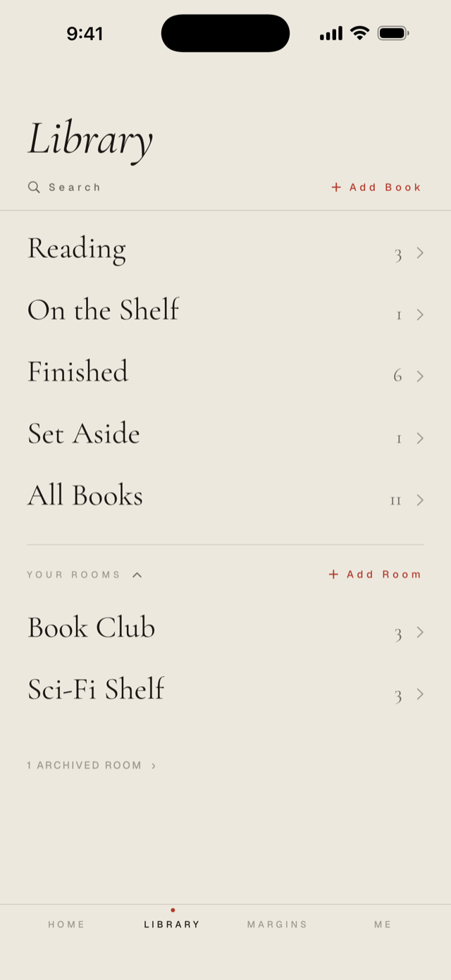 The Library screen, organized into rooms