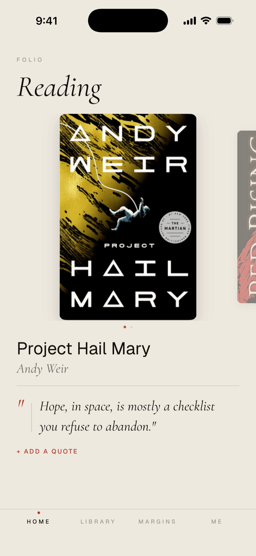 Folio app — the Reading home screen, showing the current book and a saved quote