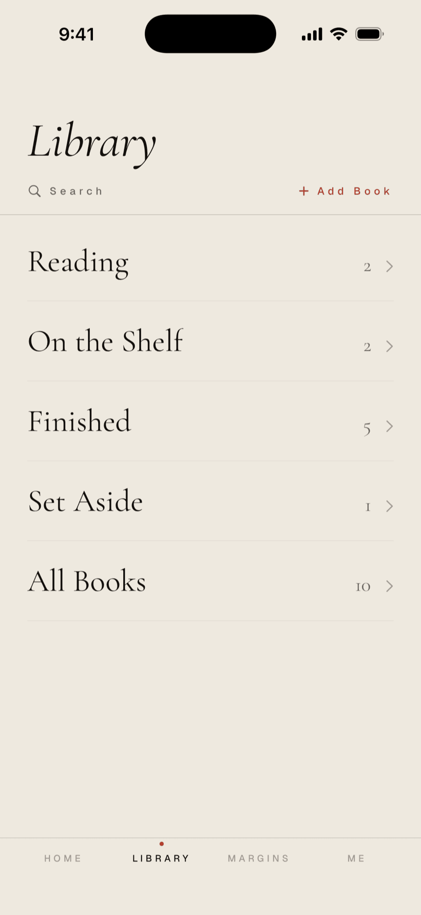 Folio app — the Library, organized into rooms