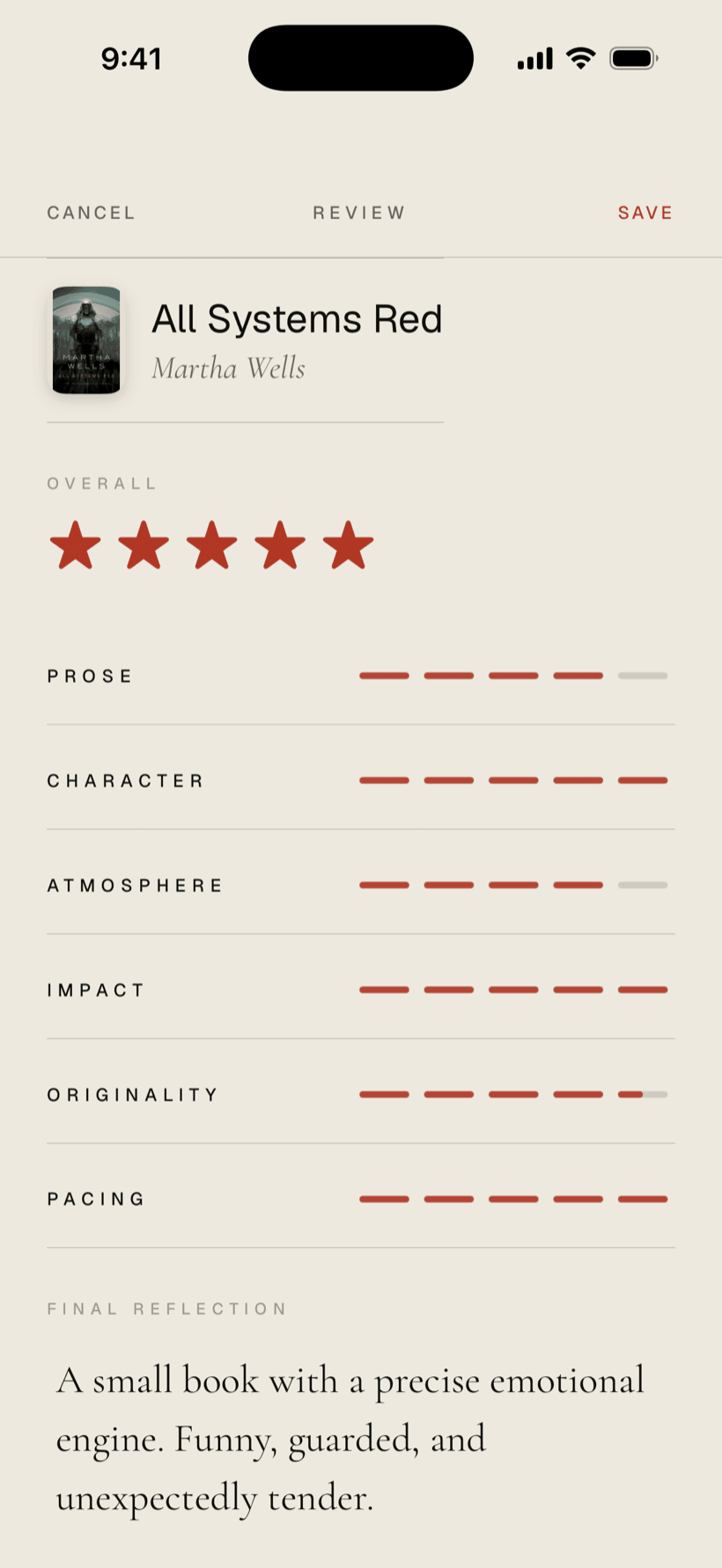 Folio app — a finished book reviewed across every rating category