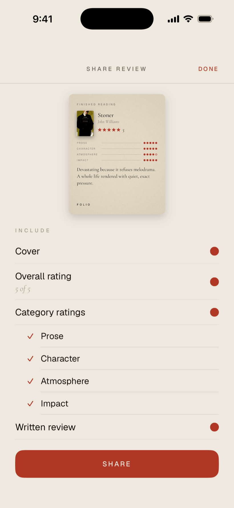 Folio's Share Review editor — choose exactly what to include before you share